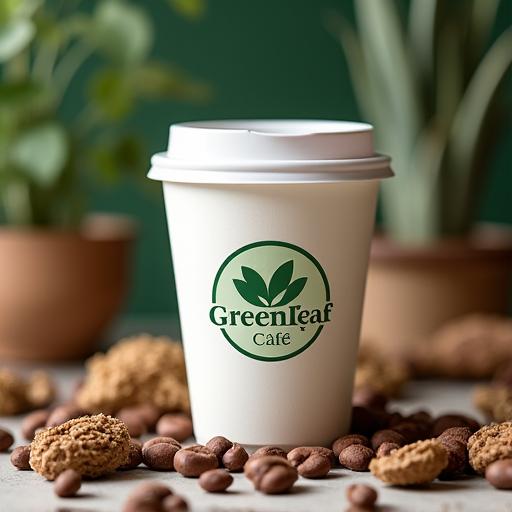 Brand identity materials for Greenleaf Cafe, including a logo on a coffee cup.